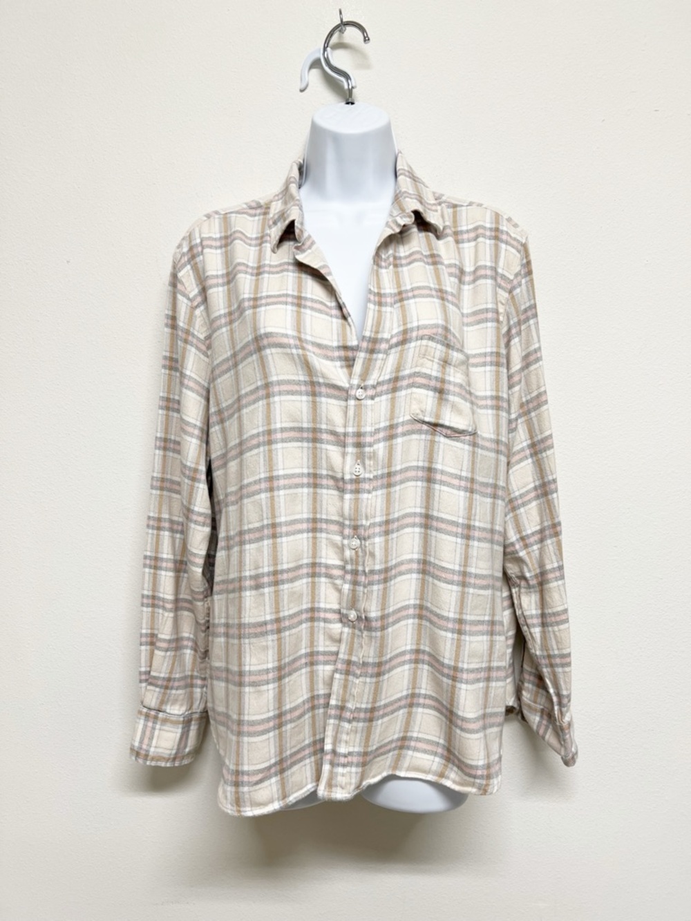 Frank & Eileen Womens Cream Pale Pink Plaid Flannel Eileen Button Up Top Size L